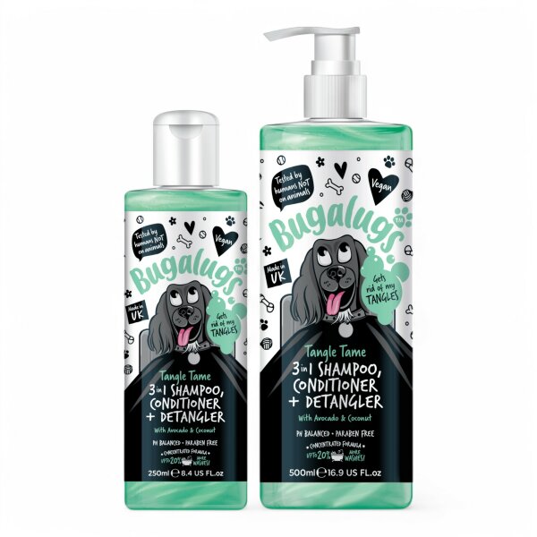 Bugalugs Tangle Tame 3-in-1 Hundeshampoo, Pflegespülung & Entfilzer – mit Avocado & Kokosnuss