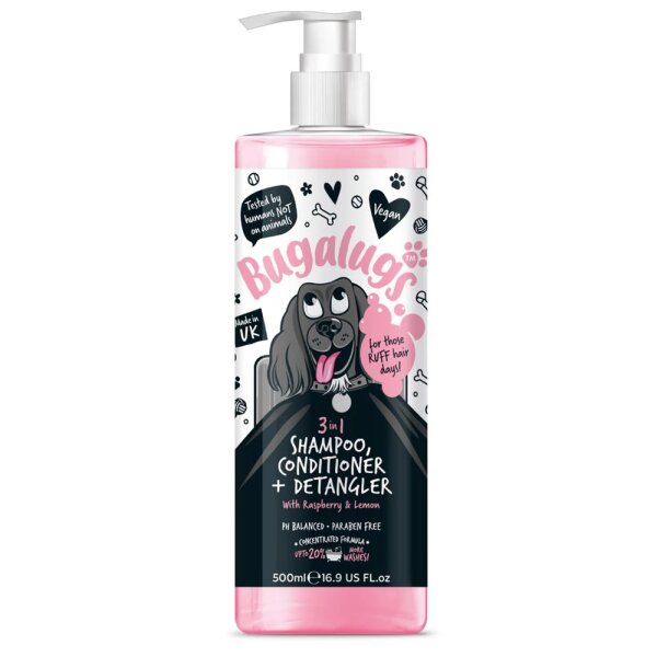 Bugalugs Hundeshampoo 3in1 Conditioner Entwirrer Himbeer Zitrone Duft
